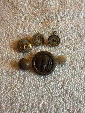 Lot of 6 Antique Mixed Buttons including Brass Military Seal and Victorian Metal